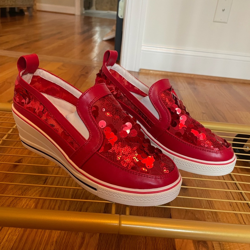 Red sequin wedge sneakers